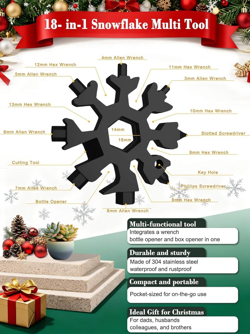 ZONICE 18-in-1 Snowflake Multi Tool – Stainless Steel with Bottle Opener & Wrench,Compact EDC Tool for Camping,Fishing,Hiking, Stocking Stuffers,Gifts for Men,Dad,Husband (Black) - Image 3